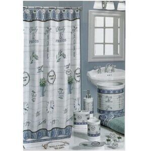 Modern Farmhouse Fabric Shower Curtain White Blue Multicolor 72 in X 72 in